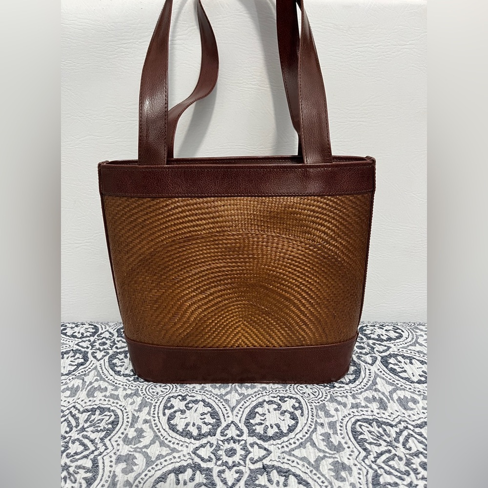Brown Woven Tote Bag Purse with Dark Brown Trim